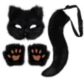 Black faux fur cat mask tail paws cosplay set for Halloween party costume dress up. - One Size / Black Cat Fox Set