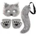 Grey fluffy faux fur animal cat wolf costume set with mask paws and tail for cosplay party. - One Size / Gray Cat Fox Set