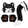 Schwarz-weisses Pluesch Tier Maske, Pfoten Handschuhe und Schwanz Set fuer Cosplay Party. - Einheitsgröße / Schwarz-Weiß Katze Fuchs Set