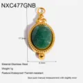 Detailansicht des ovalen grünen Stein-Anhängers im Vintage-Stil, Edelstahl, 17.3x8.3mm. - Naturstein Retro Ovaler Anhänger B (NXC477GNB)