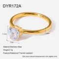 Stainless steel heart zirconia ring detail view, waterproof finish and exact sizing dimensions. - Size 7 / Clear Heart Style (DYR172A)