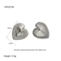 Detailed view of stainless steel ribbed heart earrings, featuring geometric textured design. - Striped Heart Style (DFE275S)