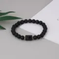 Matte black agate zodiac beaded stretch bracelet with charming constellation square charm detail. - Virgo Regular Style (BNS-0103) / Matte Stone