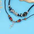 Herren Retro Mehrschichtige Geflochtene Halskette Vintage Kreuz Anhänger Perlen Schmuck - Kreuz