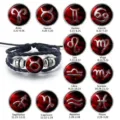 Pulsera de cuero trenzado con signos del zodiaco constelaciones astrología horóscopo regalo - Rojo Géminis