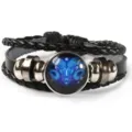 Pulsera de cuero trenzado negro signo zodiacal Aries con anillos metálicos vintage. - Aries