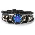 Pulsera de cuero trenzado negro con cabujón de cristal signo zodiacal cáncer y cuentas de metal - Cáncer