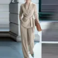 Women solid color wrap blazer and wide leg pants two piece set elegant casual suit autumn - S / Top And Bottom / Green