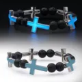 Luminous cross bracelet with black lava stone beads, fashion glow in the dark jewelry for men. - Blue Luminous Cross (BNS-0613)