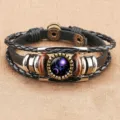Multi-layer braided leather bracelet with vintage Libra constellation time gem and metal tubes. - Libra (BSF-0007)