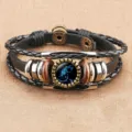 Vintage leather bracelet featuring a constellation glass cabochon, multi-layer braided band. - Aquarius (BSF-0007)