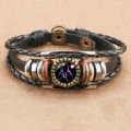 Vintage multi-layer braided leather bracelet with Gemini constellation glass dome charm. - Gemini (BSF-0007)