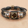 Vintage multi-layer braided leather bracelet with constellation glass cabochon charm - Leo (BSF-0007)