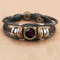 Classic 12 constellations time gem leather braided bracelet with vintage metal tubes and wooden beads. - Scorpio (BSF-0007)
