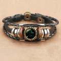 Multi-layer leather bracelet with Sagittarius constellation glass gem, retro bronze and wood beads. - Sagittarius (BSF-0007)
