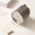 Stainless steel coaster set with storage rack, minimalist modern metal cup mats holder. - Water Drop Coaster Set / 6 Pieces with Holder / Silver