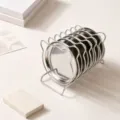 Stainless steel coaster set with storage rack cute cat ear design minimalist decor - Round Coaster Set / 6 Pieces with Holder / Silver