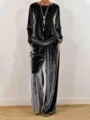 Detailed view of the luxurious velvet long sleeve top and wide leg pants loungewear set. - S / Top And Bottom / Black