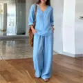 Casual V-neck long sleeve top and wide leg pants set for women, elegant daily wear. - S / Blue