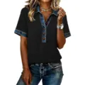 Denim trim short sleeve top featuring a chic lapel, button placket, and comfortable fit. - S / Black