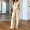 Casual v-neck solid color top and wide-leg trousers two-piece set for women daily wear. - Apricot