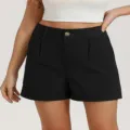 High waist black casual shorts detail, button closure and pleat design for summer commuting. - S / Bottoms / Black