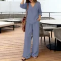 Stylish casual V-neck long sleeve top and comfortable wide leg trousers set for women. - Light Gray
