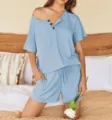 Detail shot of women casual blue ribbed short sleeve top and shorts pajama lounge set. - Light Blue