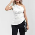 Women Solid Color Sleeveless Oblique Collar Sexy One Shoulder Crop Top Summer Fashion - S / White