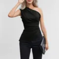 Chic black one-shoulder sleeveless top featuring elegant asymmetric design for modern women. - S / Black