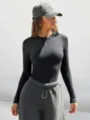 Dark grey ribbed long sleeve crop top, slim fit crew neck Y2K basic women top shirt. - S / Tops / Dark Gray