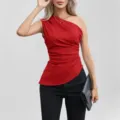 Elegant red one-shoulder sleeveless top for women, featuring a stylish asymmetric design. - S / Red