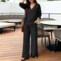 Black V-neck long sleeve top and loose straight pants set for women, casual daily wear. - S / Black
