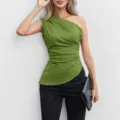 Detailed view of the stylish one-shoulder sleeveless asymmetrical top, elegant solid color. - S / Yellow-Green