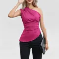Detail view of a stylish hot pink one shoulder sleeveless top for women, perfect sexy apparel. - Rose Red