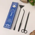 Black stainless steel fish tank aquatic grass trimming tools set, scissors scraper and spatula. - 3-Piece Set Boxed / Black
