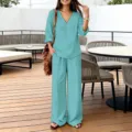 Women casual two piece set v neck long sleeve top wide leg pants solid color elegant outfit - Cyan