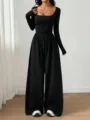 Women long sleeve square neck solid black wide leg casual jumpsuit for elegant daily wear. - S / Black