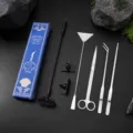 Stainless steel aquascaping tool set for fish tank, including scissors, tweezers and scraper. - 5-Piece Set Boxed / Silver