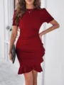 Elegant solid color slim fit bodycon short sleeve dress detail showing ruched ruffle hem. - S / Dresses / Army Green