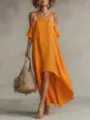 Casual orange cold shoulder high low cotton linen dress with strap details for women summer. - S / Orange