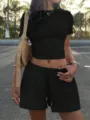 Detailed view of women's casual slim crop top and drawstring shorts set in solid black. - S / Top And Bottom / Black