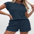Comfortable waffle knit short sleeve top and shorts lounge set for women casual wear. - S / Top And Bottom / Dark Blue