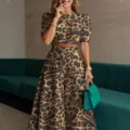 Women fashion leopard print short sleeve crop top and long pants two piece suit outfit. - S / Top And Bottom / Leopard Print