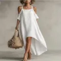 Women White Cotton Linen High Low Off Shoulder Casual Dress with Straps Summer Fashion - S / White