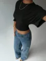 Summer casual black waist-cinching short sleeve top for women, trendy slim fit design. - S / Black