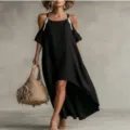 Casual cold shoulder cross strap cotton linen dress with high low hem and stylish straw bag. - S / Black