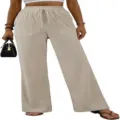 Detailed view of women casual ribbed wide leg pants featuring high elastic waist and pockets. - S / Off White