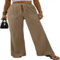 Ribbed high-waist wide-leg pants with elastic drawstring waistband and side pockets. - S / Khaki