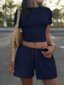 Casual slim crop top and drawstring shorts set for women, perfect for summer daily wear. - S / Top And Bottom / Navy Blue